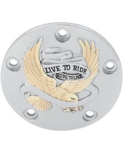 Drag Chrome & Gold Live to Ride 5 Hole Points Ignition Cover Harley 99-15