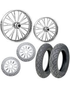 RC Dynasty Chrome 21/18 Front Rear Wheel Package Set Tires Rotors Harley FLH/T