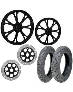 RC Epic Black 21/18 Front Rear Wheel Package Set Tires Rotors Harley FLH/T