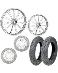 RC Exile Chrome 21/18 Front Rear Wheel Package Set Tires Rotors Harley FLH/T