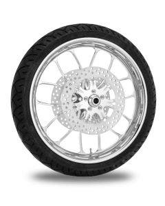 Performance Machine 21" Front Chrome Heathen Wheel Tire Rotor PKG Harley 14-15