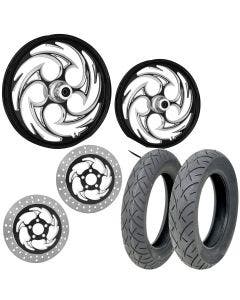 RC Savage Eclipse 21/18 Front Rear Wheel Package Set Tires Rotors Harley FLH/T