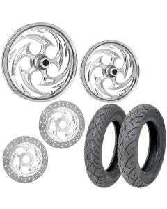 RC Savage Chrome 21/18 Front Rear Wheel Package Set Tires Rotors Harley FLH/T