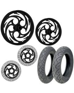 RC Savage Black 21/18 Front Rear Wheel Package Set Tires Rotors Harley FLH/T
