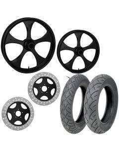 RC Stratos Black 21/18 Front Rear Wheel Package Set Tires Rotors Harley FLH/T