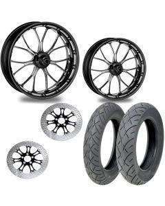 PM Heathen Contrast 21/18 Front Rear Wheel Package Set Tires Rotors Harley FLH/T