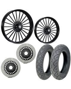 RC Illusion Black 21/18 Front Rear Wheel Package Set Tires Rotors Harley FLH/T